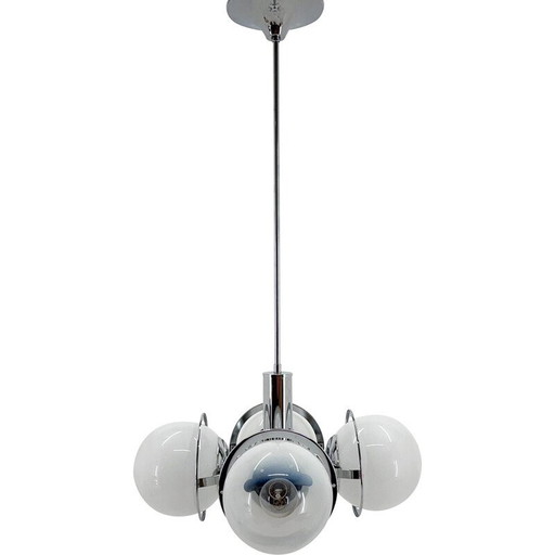 Vintage chandelier in chrome steel and glass, Italy 1970