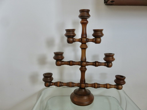 Large 7-Candle Candlestick, Turned Wood, 30s 40s