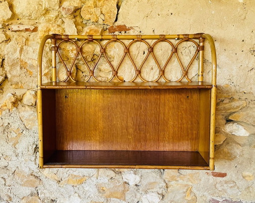 Vintage Rattan And Bamboo Wall Shelf With Sliding Glass Doors Cabinet, 1960S