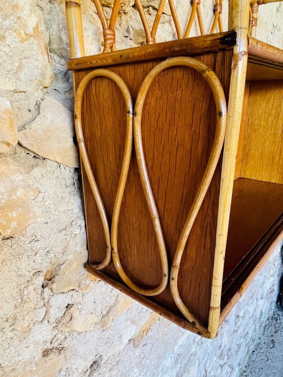Image 1 of Vintage Rattan And Bamboo Wall Shelf With Sliding Glass Doors Cabinet, 1960S