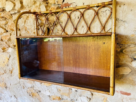 Image 1 of Vintage Rattan And Bamboo Wall Shelf With Sliding Glass Doors Cabinet, 1960S