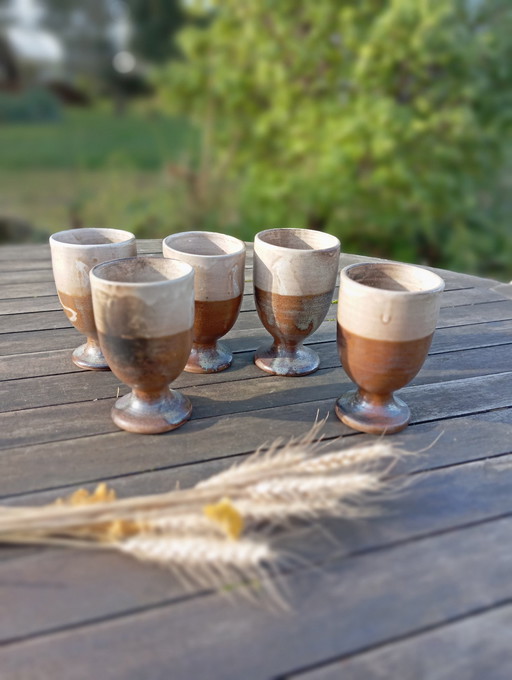 5 Mugs / Mazagrans Stoneware Bi-Ton 1970'S Handicraft France