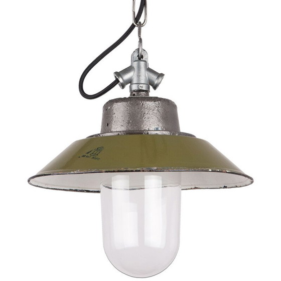 Image 1 of Lampada a sospensione vintage in vetro con catena in acciaio lucido di Energo-Metalowa, Polonia 1960