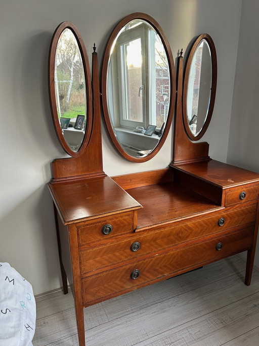 Antique Dressing Table With Multiple Drawers And 3 Mirrors