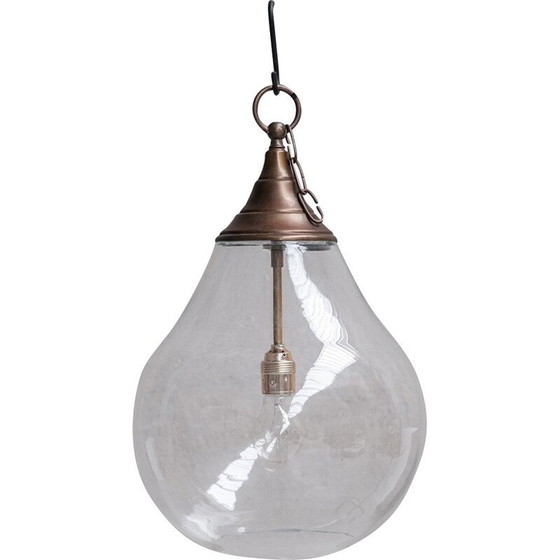 Image 1 of Vintage bulb-shaped pendant lamp in transparent glass and patinated brass, France 1950