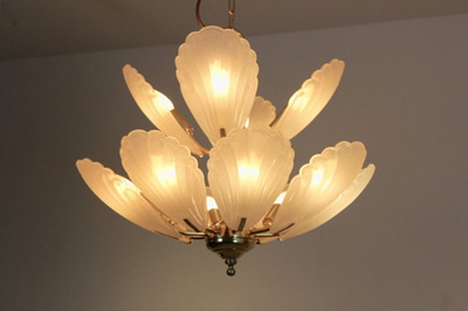 French brass chandelier with murano glass shells