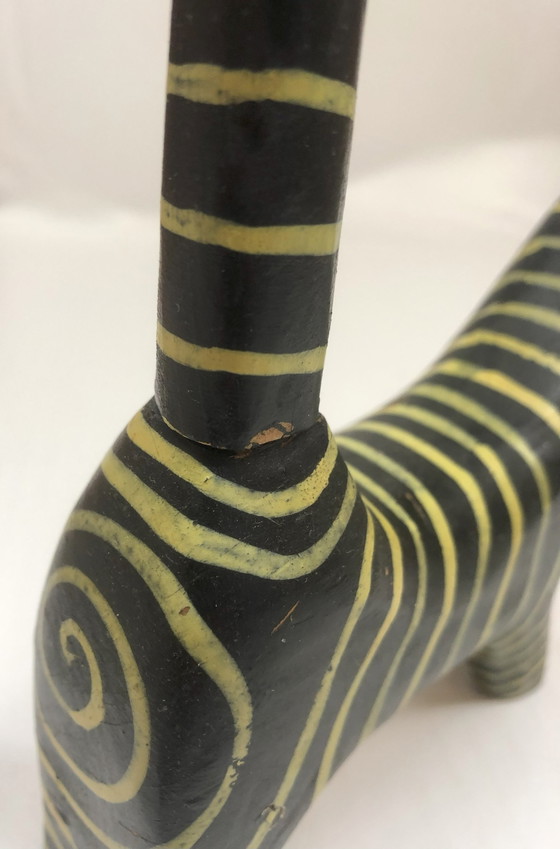 Image 1 of Wooden Cat Painted Black With Yellow Stripes