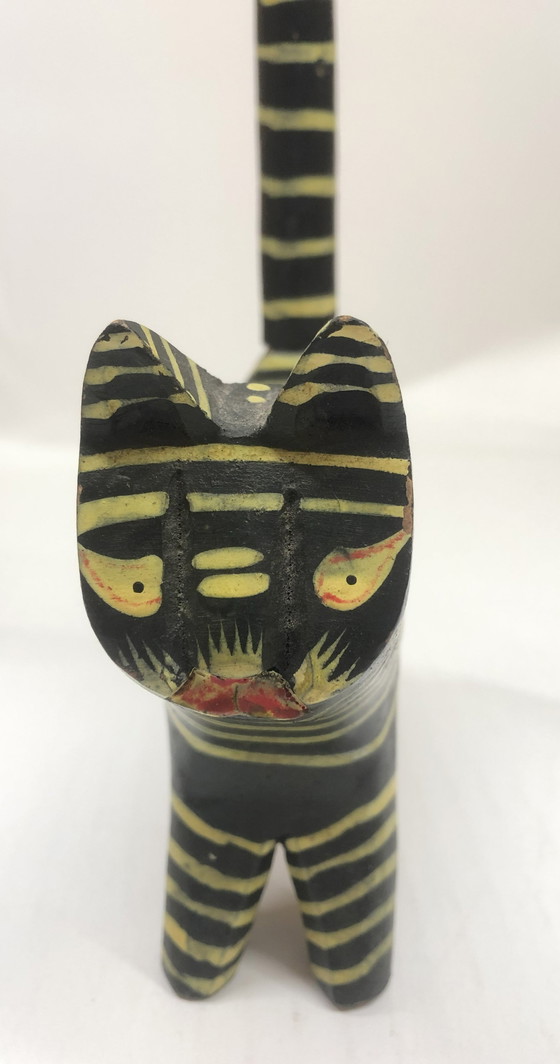 Image 1 of Wooden Cat Painted Black With Yellow Stripes