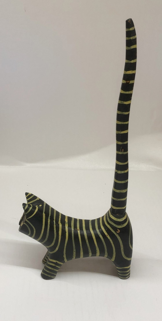 Image 1 of Wooden Cat Painted Black With Yellow Stripes