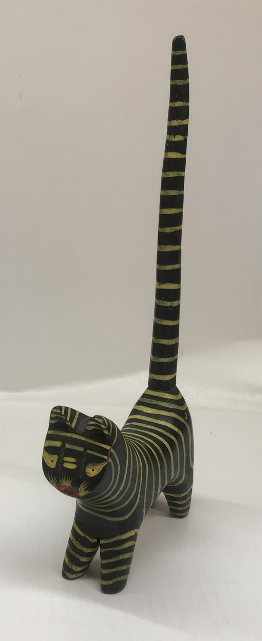 Wooden Cat Painted Black With Yellow Stripes