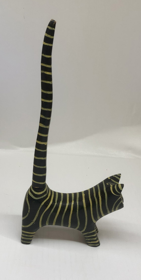 Image 1 of Wooden Cat Painted Black With Yellow Stripes