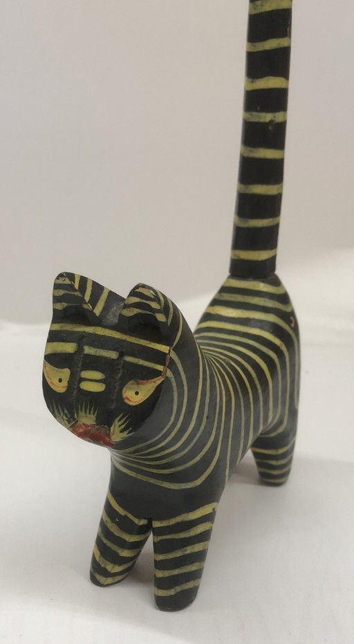 Wooden Cat Painted Black With Yellow Stripes