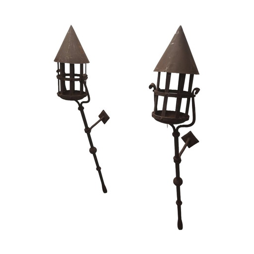 Medieval French Wrought Iron Wall Lanterns, 1970s