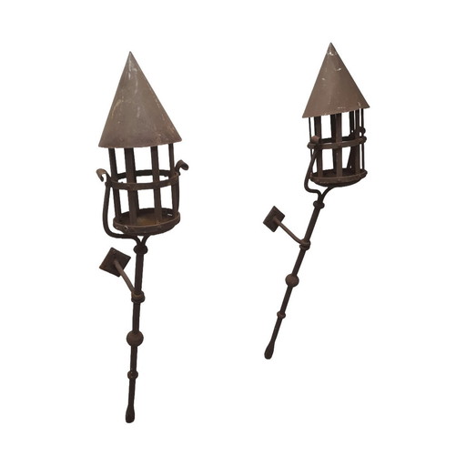 Medieval French Wrought Iron Wall Lanterns, 1970s