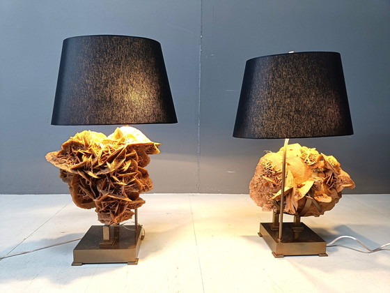 Image 1 of Brass And Stone Rose Table Lamps, 1970S