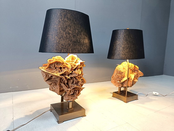 Image 1 of Brass And Stone Rose Table Lamps, 1970S