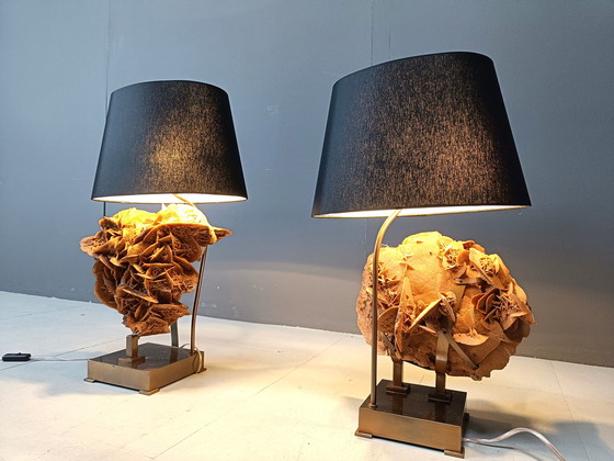 Image 1 of Brass And Stone Rose Table Lamps, 1970S