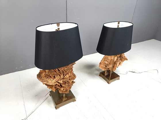 Image 1 of Brass And Stone Rose Table Lamps, 1970S