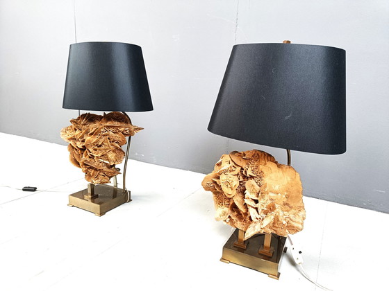 Image 1 of Brass And Stone Rose Table Lamps, 1970S