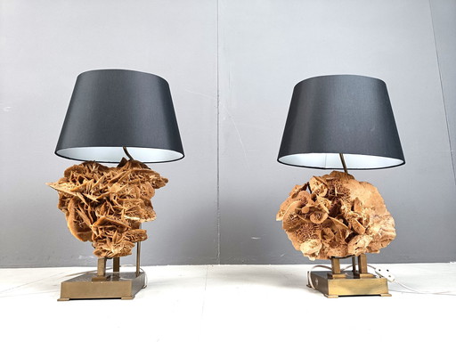 Brass And Stone Rose Table Lamps, 1970S