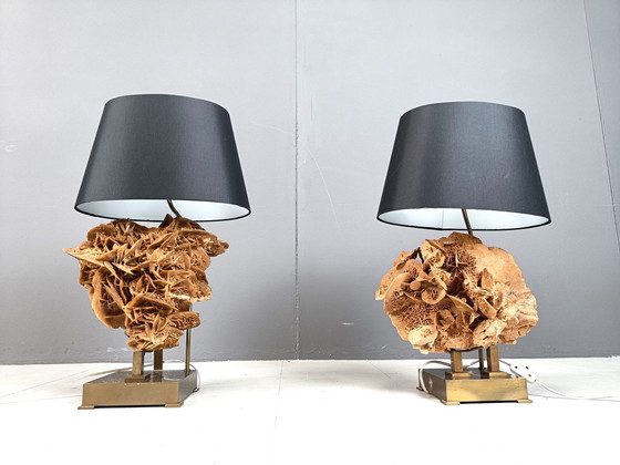 Image 1 of Brass And Stone Rose Table Lamps, 1970S