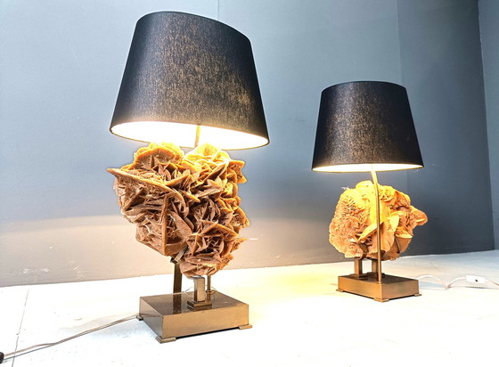 Image 1 of Brass And Stone Rose Table Lamps, 1970S