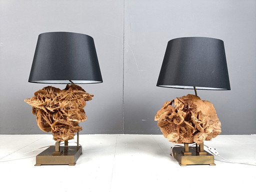 Brass And Stone Rose Table Lamps, 1970S