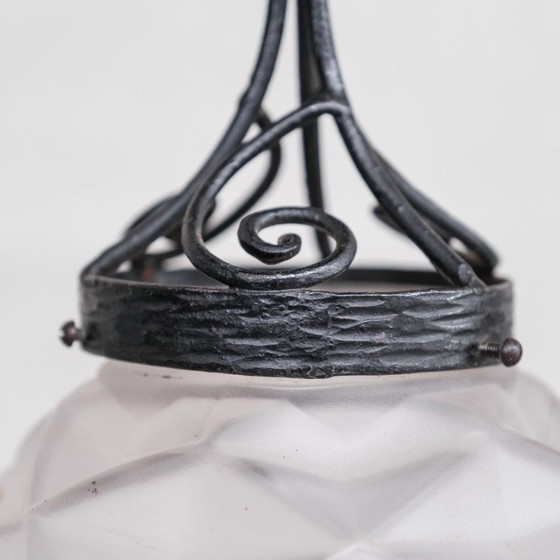 Image 1 of Vintage geometric French glass and iron pendant lamp, 1950s