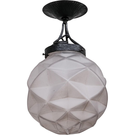 Image 1 of Vintage geometric French glass and iron pendant lamp, 1950s