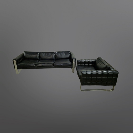 Image 1 of Black vinyl and metal modernist seating group, Denmark 1960s