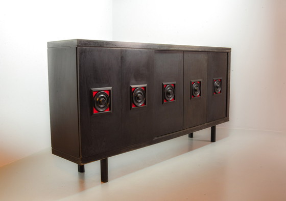 Image 1 of De Coene Style Large Brutalist Black Highboard with Red Accents. Belgium, 1960s.