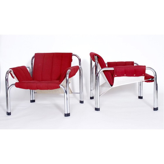 Image 1 of Pair of vintage chrome armchairs for Kodreta Myjava in red fabric and metal 1980