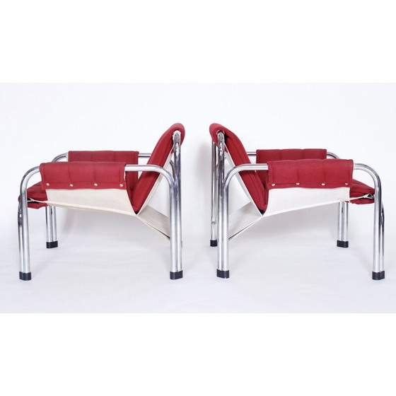 Image 1 of Pair of vintage chrome armchairs for Kodreta Myjava in red fabric and metal 1980