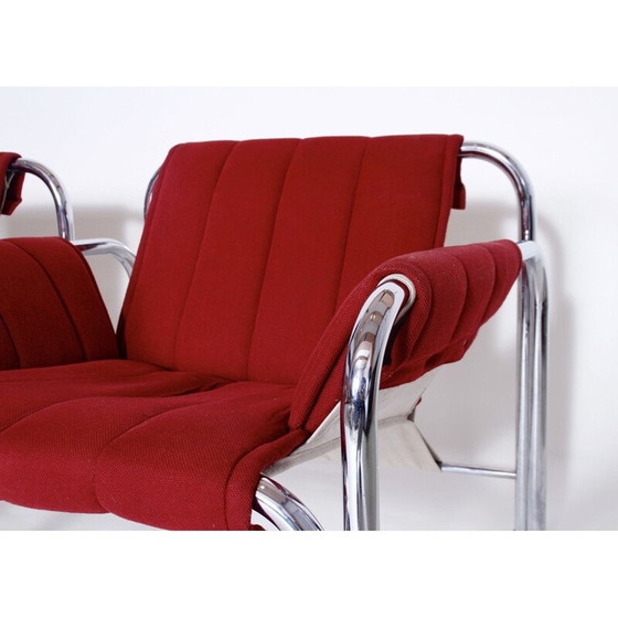 Image 1 of Pair of vintage chrome armchairs for Kodreta Myjava in red fabric and metal 1980