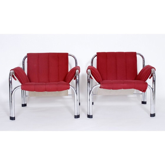 Image 1 of Pair of vintage chrome armchairs for Kodreta Myjava in red fabric and metal 1980