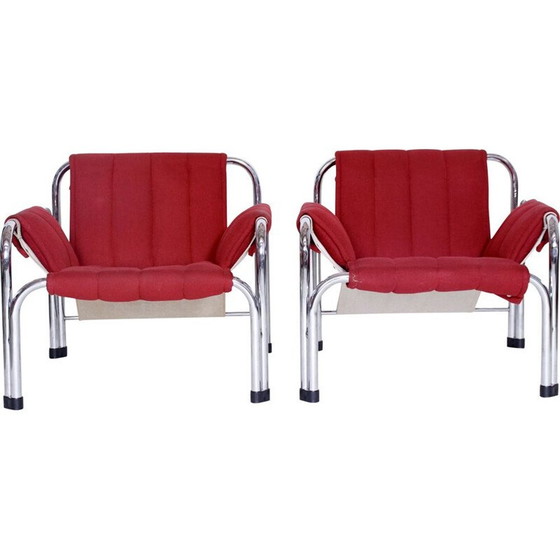 Image 1 of Pair of vintage chrome armchairs for Kodreta Myjava in red fabric and metal 1980