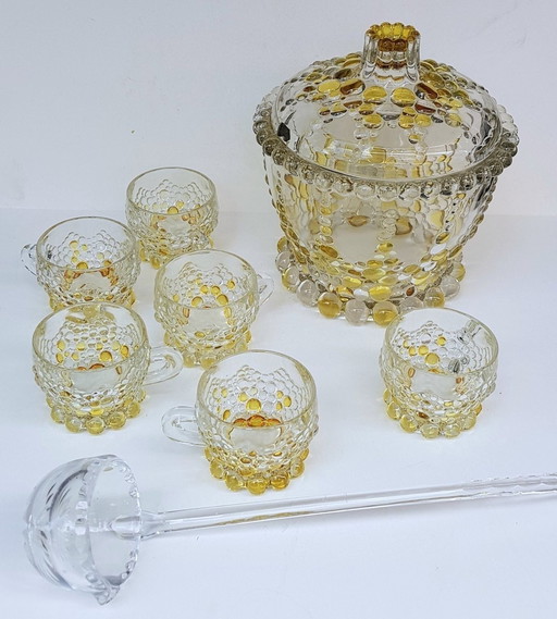 8X Elaborate Punch Bowl & Drinking Set With Crystal Ladle