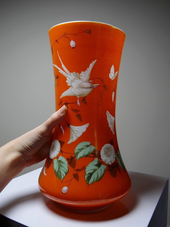 Image 1 of Large Hand-Painted And Enameled Opaline Crystal Vase Attributed To Baccarat 19th Century