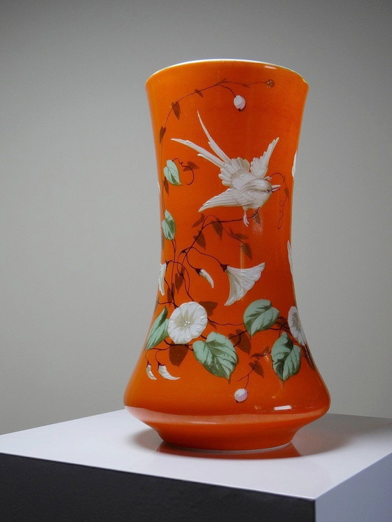 Image 1 of Large Hand-Painted And Enameled Opaline Crystal Vase Attributed To Baccarat 19th Century