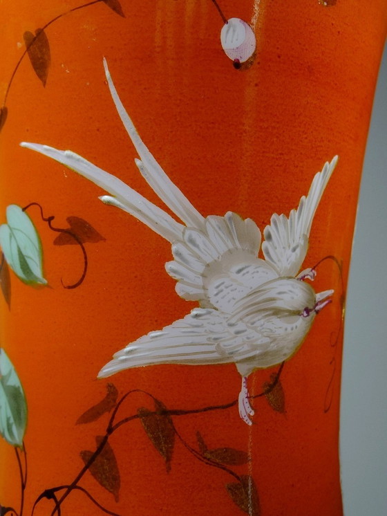 Image 1 of Large Hand-Painted And Enameled Opaline Crystal Vase Attributed To Baccarat 19th Century