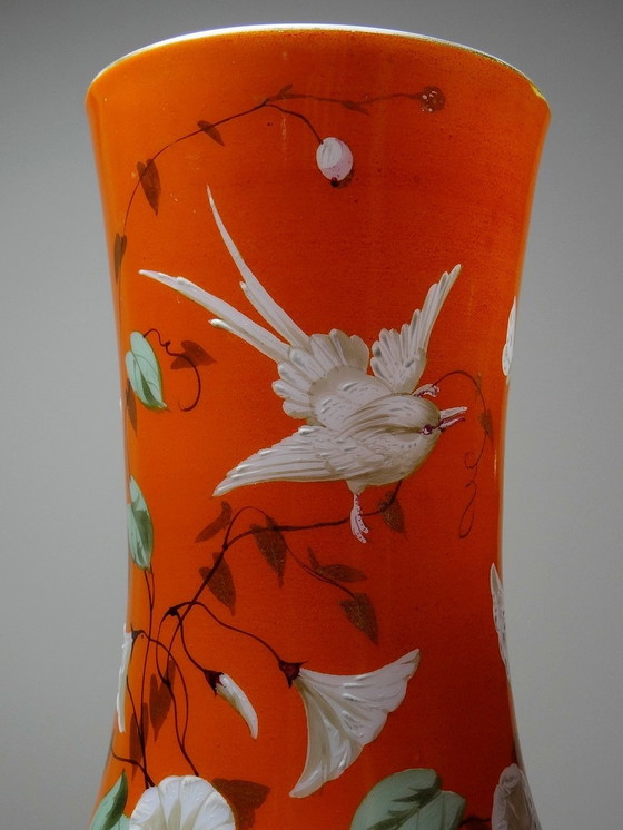 Image 1 of Large Hand-Painted And Enameled Opaline Crystal Vase Attributed To Baccarat 19th Century