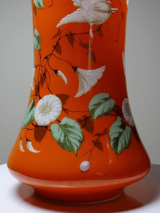 Image 1 of Large Hand-Painted And Enameled Opaline Crystal Vase Attributed To Baccarat 19th Century