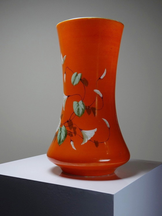 Image 1 of Large Hand-Painted And Enameled Opaline Crystal Vase Attributed To Baccarat 19th Century