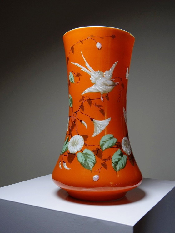 Image 1 of Large Hand-Painted And Enameled Opaline Crystal Vase Attributed To Baccarat 19th Century