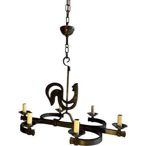 Vintage rooster chandelier in wrought iron, 1950