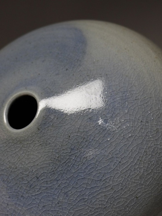 Image 1 of Hand-Turned Contemporary Blue Glazed Stoneware Small Ball Vase Signed Mlm