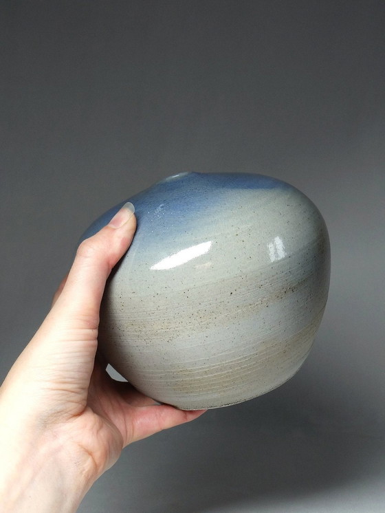 Image 1 of Hand-Turned Contemporary Blue Glazed Stoneware Small Ball Vase Signed Mlm