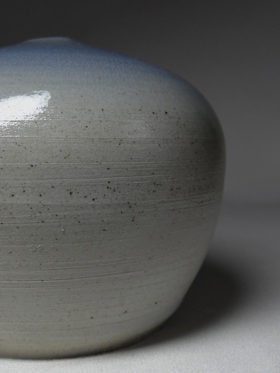 Image 1 of Hand-Turned Contemporary Blue Glazed Stoneware Small Ball Vase Signed Mlm