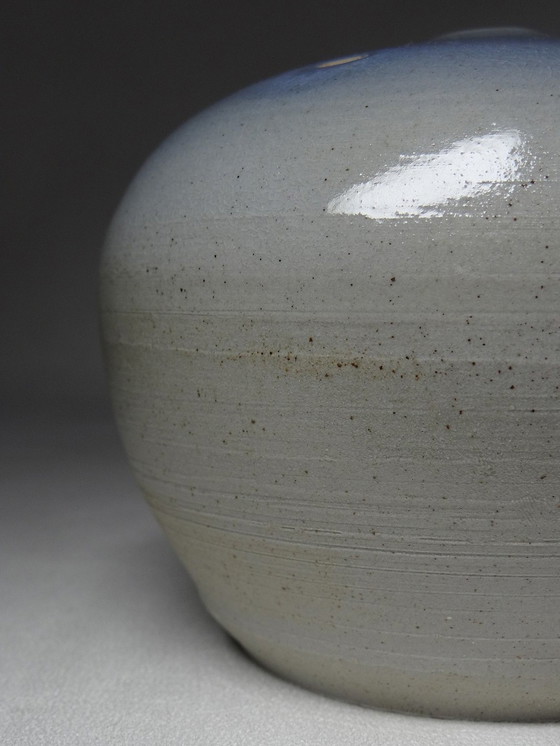 Image 1 of Hand-Turned Contemporary Blue Glazed Stoneware Small Ball Vase Signed Mlm