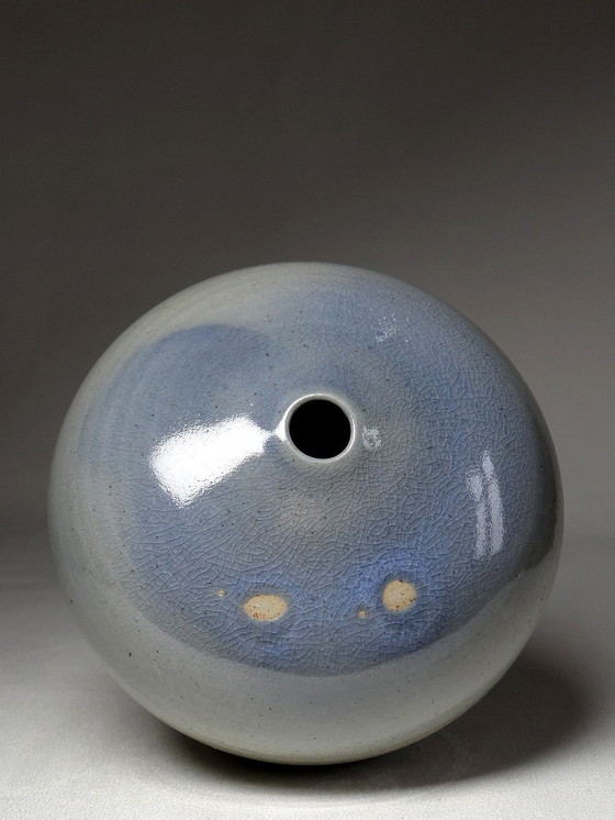 Image 1 of Hand-Turned Contemporary Blue Glazed Stoneware Small Ball Vase Signed Mlm